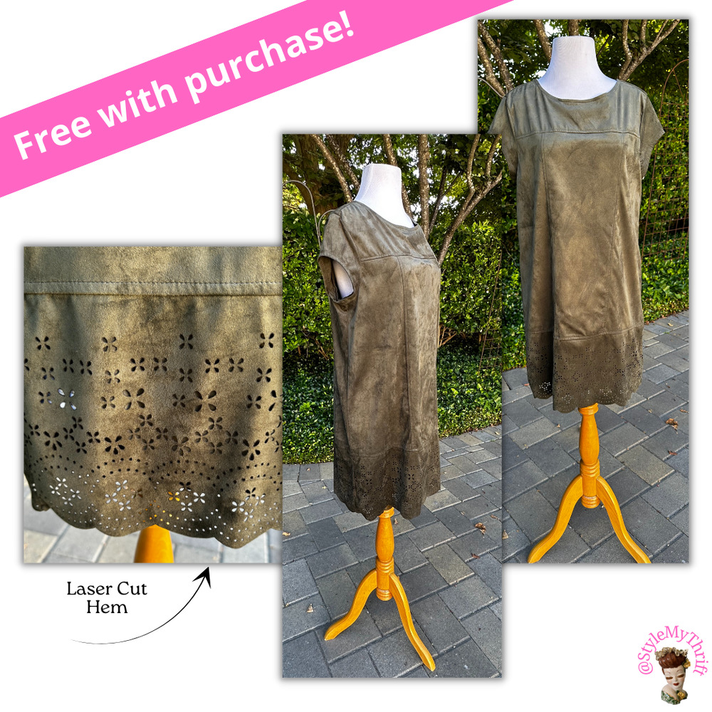 Free W/Purchase Y2k Shift Dress Faux Suede Green Fall Winter Laser Eyelet detail
